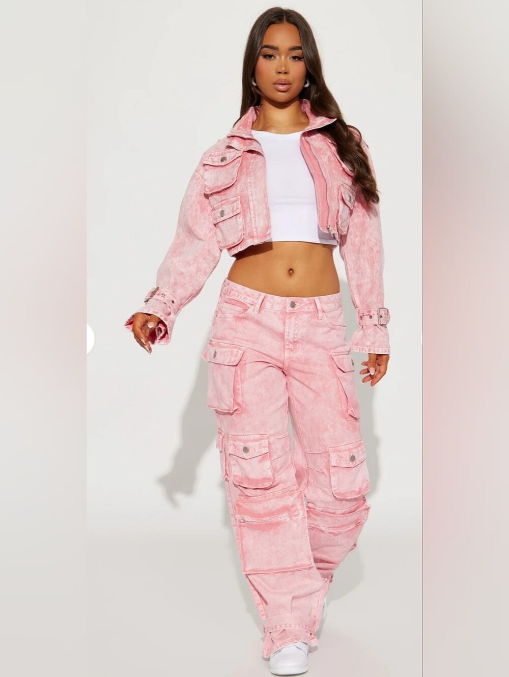 Fashion Nova 2 Piece Set Washed Pink Cropped Utility Jacket & Cargo Jean Size 18